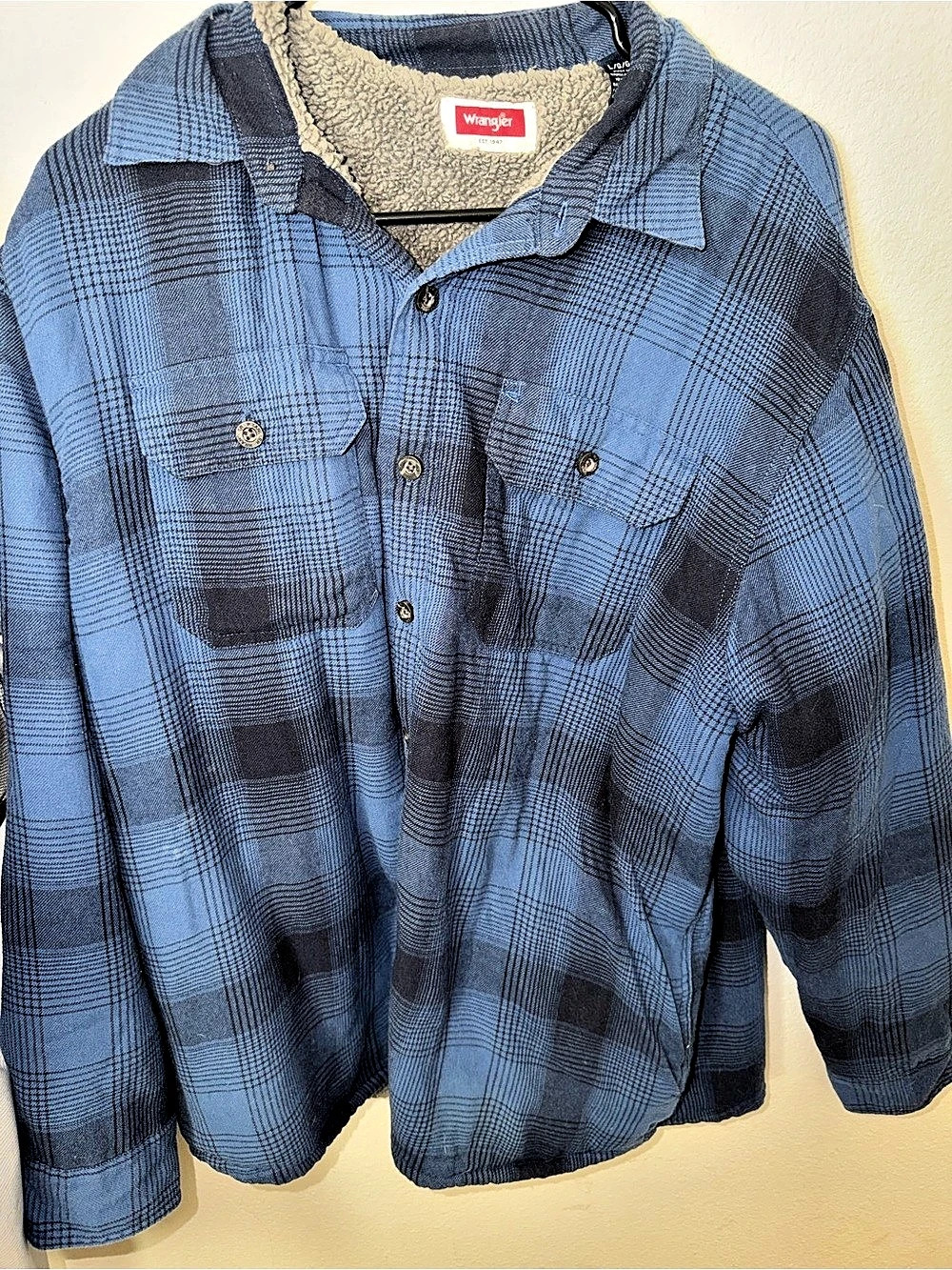 Wrangler Men's Sherpa Lined Flannel Shirt Jacket Blue & Black Large